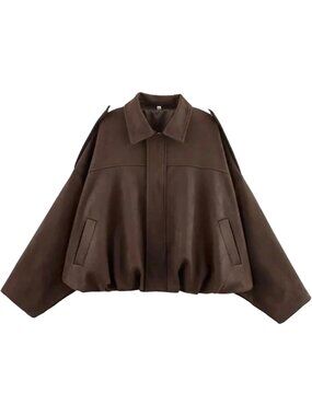 Women's Coffee Faux Suede Batwing Sleeve Oversized Cropped Bomber Jacket